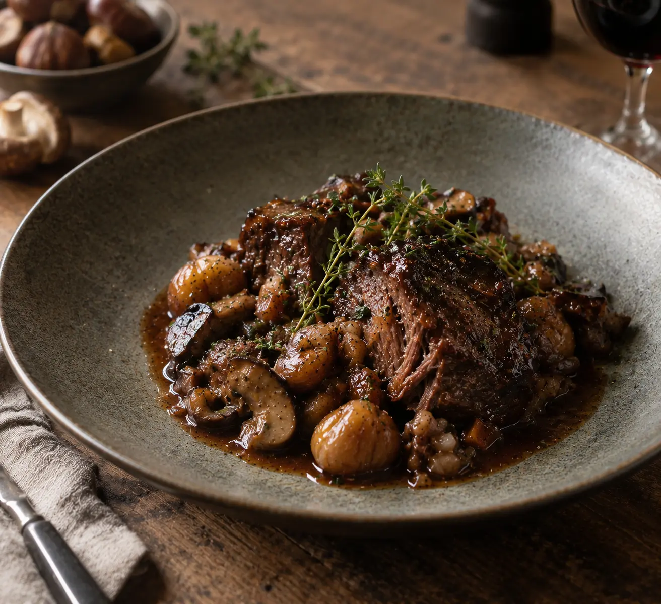 Joues de boeuf braisées aux champignons & marrons