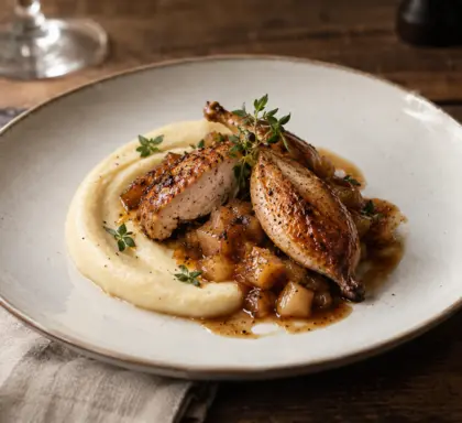 Suprême de caille poêlé sur chutney de pomme et coing, purée de panais